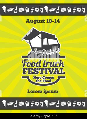 Street food festival design of vector poster. Banner truck festobal food, poster food festival illustration Stock Vector