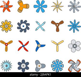 Propeller and paddle flat icons set. Rotate and power wind, turbine and  blade, vector illustration Stock Vector
