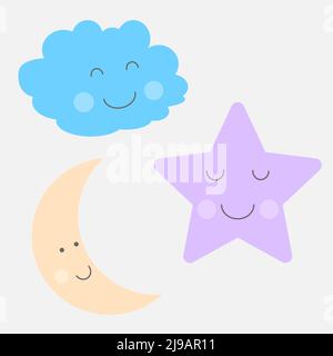 Set of pastel yellow moon, violet sleepy star and blue cloud for baby room decoration. Childish style colors. Perfect for fabric print logo sign cards Stock Vector