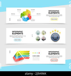Realistic infographic horizontal banners with colorful charts marketing pyramid business icons and information indicators vector illustration Stock Vector