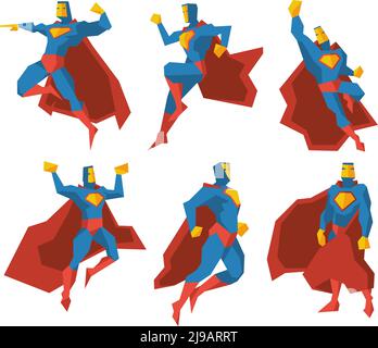 Superhero silhouettes vector character set. Super power, strength polygonal multi-faceted man illustration Stock Vector