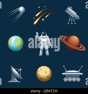 Space and astronomy set. Astronaut and spacesuit, cosmonaut and comet, moonwalker and telescope. Vector illustration Stock Vector