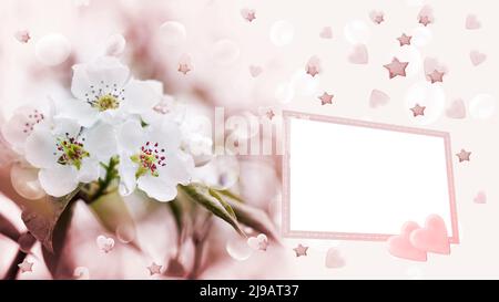 Unfocused partially tinted background with blooming apple trees and a text frame. Selective focus Stock Photo