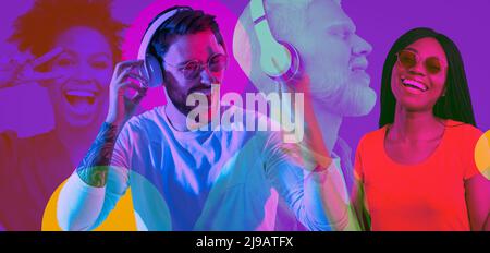 Neon collage for cheerful young people having fun Stock Photo