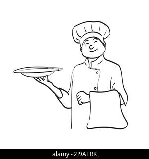 half length of male chef or waiter holding plate illustration vector hand drawn isolated on white background line art. Stock Vector