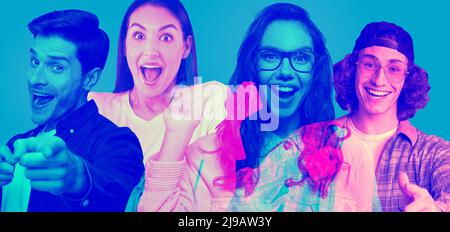 Creaitve collage in halftones, set of emotional young people Stock Photo