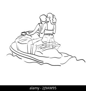 Couple driving jetski on vacation illustration vector hand drawn isolated on white background line art. Stock Vector