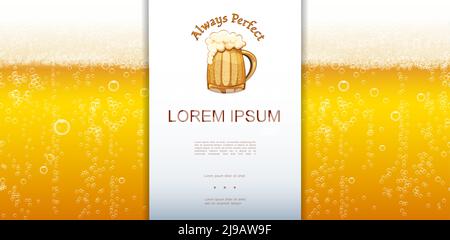 Realistic fresh lager beer closeup background with place for text and mug of beer vector illustration Stock Vector