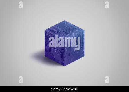 Blockchain cube with electronic circuit board texture concept. Blue block containing hash and data Stock Photo