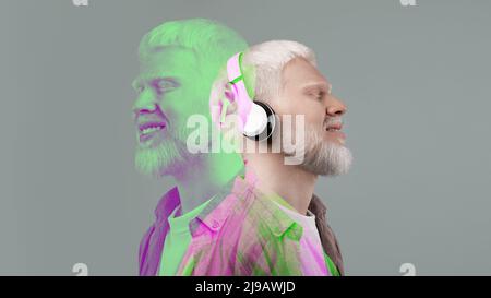 Peaceful albino guy over grey background, double exposure, collage Stock Photo
