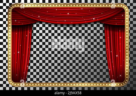 Stand up comedy show advertising template with red realistic elegant curtains in illuminated golden frame on transparent background vector illustratio Stock Vector