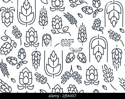 Twigs hop seamless pattern with repeating images of malt and leaves hand drawing on the white background vector illustration Stock Vector