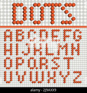 Dots Font Poster with red colored letters from alphabet on grey background vector illustration