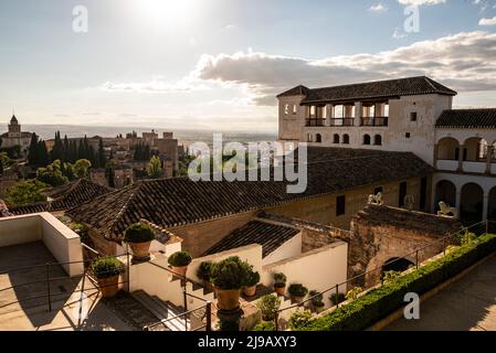 View of Generalife Palace (Palacio de Generalife) over the Court of the Sultana’s Cypress Tree (Patio del Ciprés de la Sultana), Alhambra de Granada Stock Photo