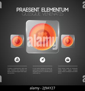 Infographic web business concept with icons three red round buttons in glass square frames vector illustration Stock Vector