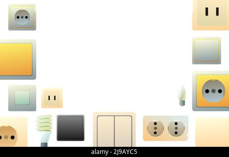 Sockets, switches and light bulbs. Electrical appliances for home network. Frame picture. Spare parts for work of an electrician. Isolated on white ba Stock Vector