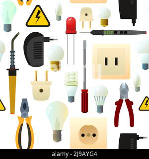 Glass electric light bulb. Lighting device electrical outlet and plug. Electrician tools. Energy Saving Technologies. Isolated on white background. Se Stock Vector