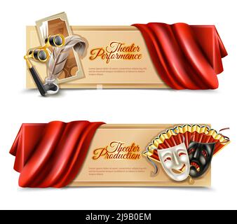 Theatre performance realistic horizontal banners set with curtain and masks isolated vector illustration Stock Vector