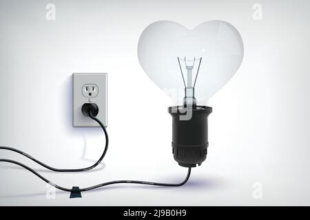 Realistic romantic concept of realistic wired light bulb in heart shape with plug in socket isolated vector illustration Stock Vector