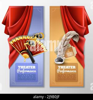 Theatre and stage vertical banners set with fan and opera glass realistic isolated vector illustration Stock Vector