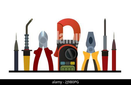 Tools for electrician. Repair of radio electronic and microprocessor equipment. Spare parts components and service. Isolated on white background. Vect Stock Vector