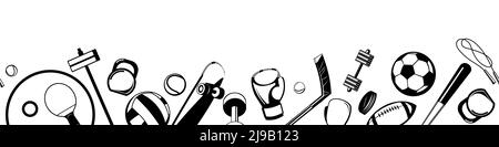 Sports equipment for athletes. Isolated on white background. Symbol, icon. Horizontal bottom seamless border. Set of tools. Monochrome Stencil Illustr Stock Vector