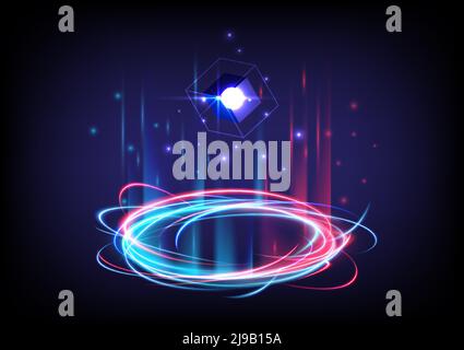 Circle teleport podium. Hologram and portal science futuristic stage. Sci-fi digital hi-tech in glowing HUD projector. Magic gate in game fantasy. 3D Stock Vector