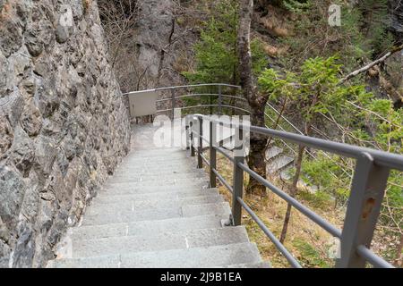 Zillis, Grison, Switzerland, April 12, 2022 Stairs are leading down to the Viamala canyon Stock Photo