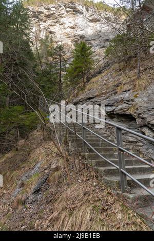 Zillis, Grison, Switzerland, April 12, 2022 Stairs are leading down to the Viamala canyon Stock Photo