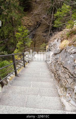 Zillis, Grison, Switzerland, April 12, 2022 Stairs are leading down to the Viamala canyon Stock Photo