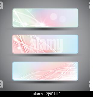 Three horizontal banners with abstract lines and bokeh pattern in pastel colors isolated on grey background with dark corners flat vector illustration Stock Vector