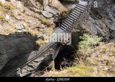 Zillis, Grison, Switzerland, April 12, 2022 Stairs are leading down to the Viamala canyon Stock Photo