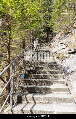 Zillis, Grison, Switzerland, April 12, 2022 Stairs are leading down at the Viamala canyon Stock Photo