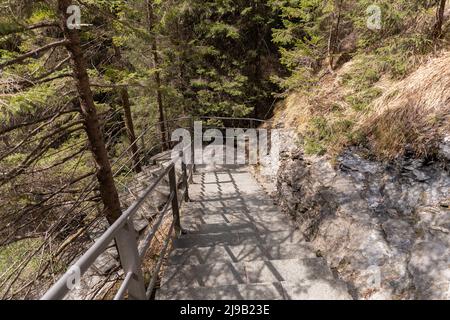 Zillis, Grison, Switzerland, April 12, 2022 Stairs are leading down to the Viamala canyon Stock Photo