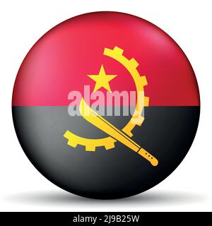 Round icon with flag of Angola. Glass light ball, sticker, sphere. Angolan national symbol. Glossy realistic ball, 3D abstract vector illustration Stock Vector