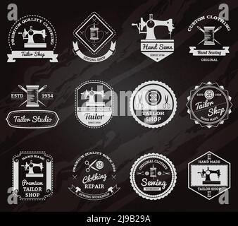 Retro tailor shop for made to measurements custom clothes chalkboard emblems labels set abstract isolated vector illustration Stock Vector