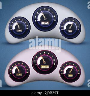 Two isolated speedometer interface icon set with three dials on the cars speedometers vector illustration Stock Vector