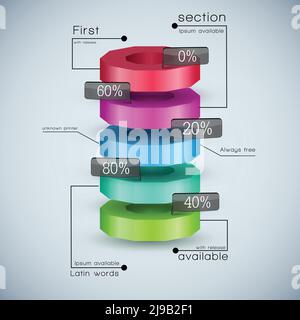 Realistic 3d business diagram template with text fields and percentage ratio colored vector illustration Stock Vector