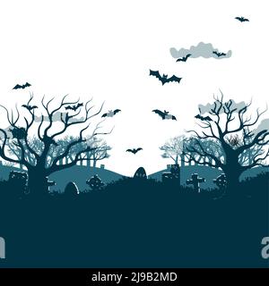 Traditional holiday Halloween night party poster with two dead trees at white background, bats flying over graves and cemetery crosses, grey clouds fl Stock Vector