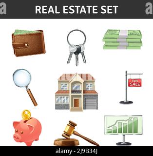Real estate realistic icons set with house keys and money isolated vector illustration Stock Vector