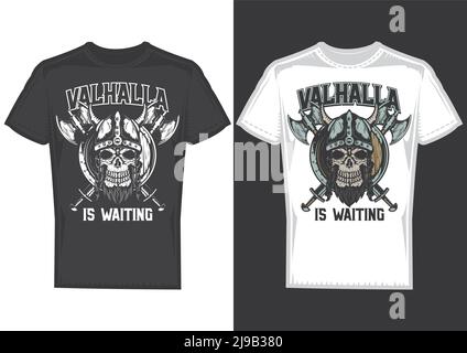 T-shirt design samples with illustration of a viking's skull with helmet and axes. Stock Vector