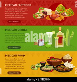 Mexican drinks snacks and famous dishes informative interactive horizontal banners set webpage flat abstract vector isolated illustration Stock Vector