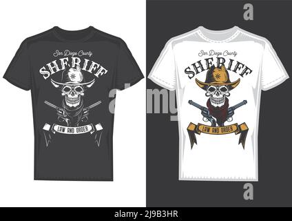 T-shirt design samples with illustration of a cowboy skull. Stock Vector