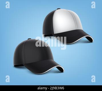 Vector realistic illustration of black caps with white details isolated on blue background. Stock Vector