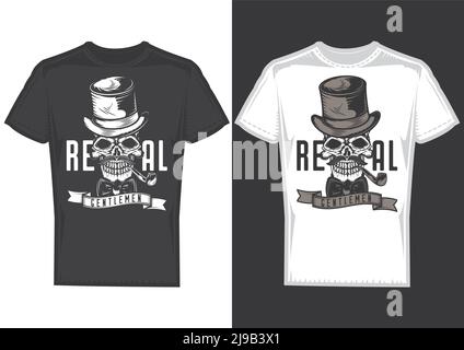 T-shirt design samples with illustration of a gentleman skull with a hat. Stock Vector