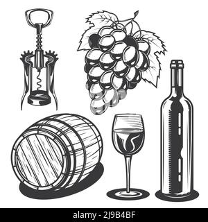 Set of wine elements for creating your own badges, logos, labels, posters etc. Isolated on white. Stock Vector