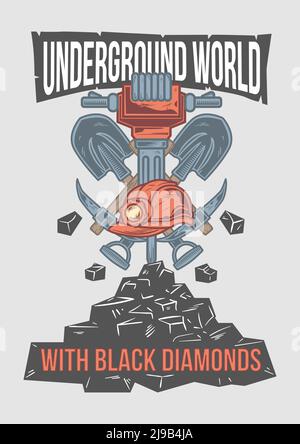 Poster design with illustration of mining shovel and stones. Stock Vector