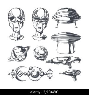 Set of UFO elements for creating your own badges, logos, labels, posters etc. Isolated on white. Stock Vector