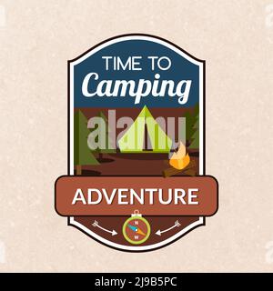 Summer camping emblem with tent fireplace and compass vector illustration Stock Vector