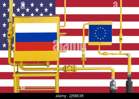 gas station with Russian and EU flags. Gas supply concept Stock Photo